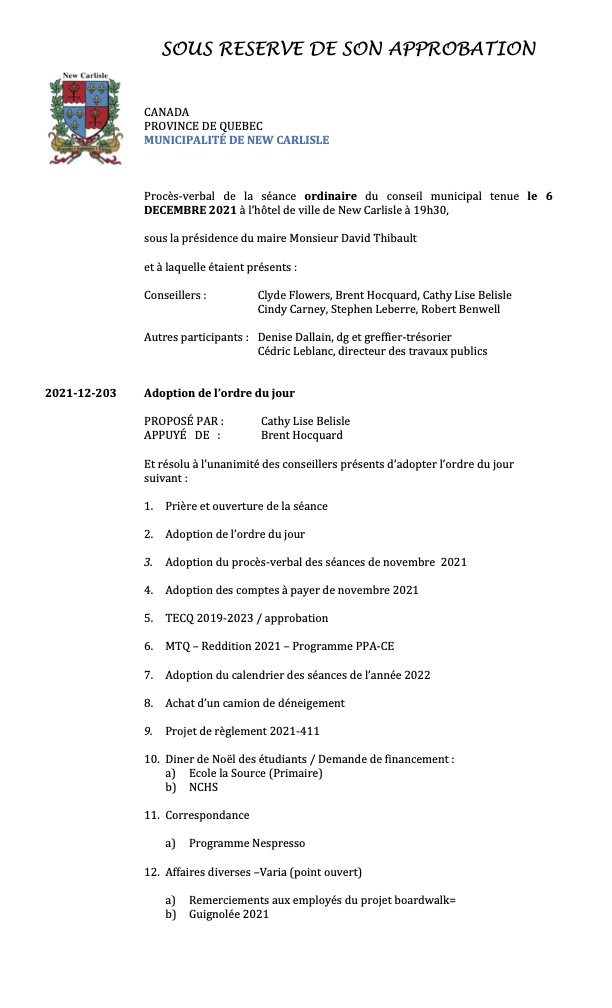 procès verbal décembre 2021 New Carlisle