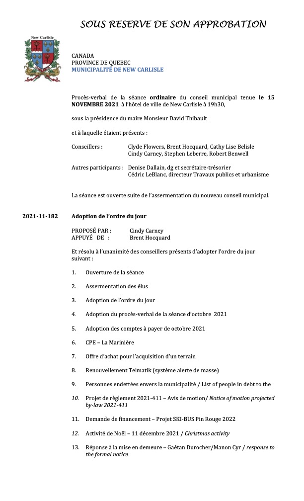 Procès-verbal de la séance ordinaire du conseil municipal Novembre 2021 à l’hôtel de ville de New Carlisle